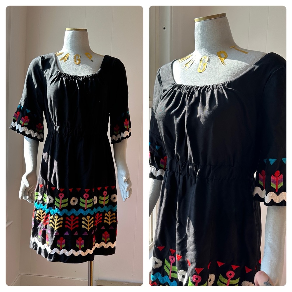PHOEBE COUTURE Silk Floral Embroidered Dress, Bell Sleeve, Full Skirt - Picture 4 of 16